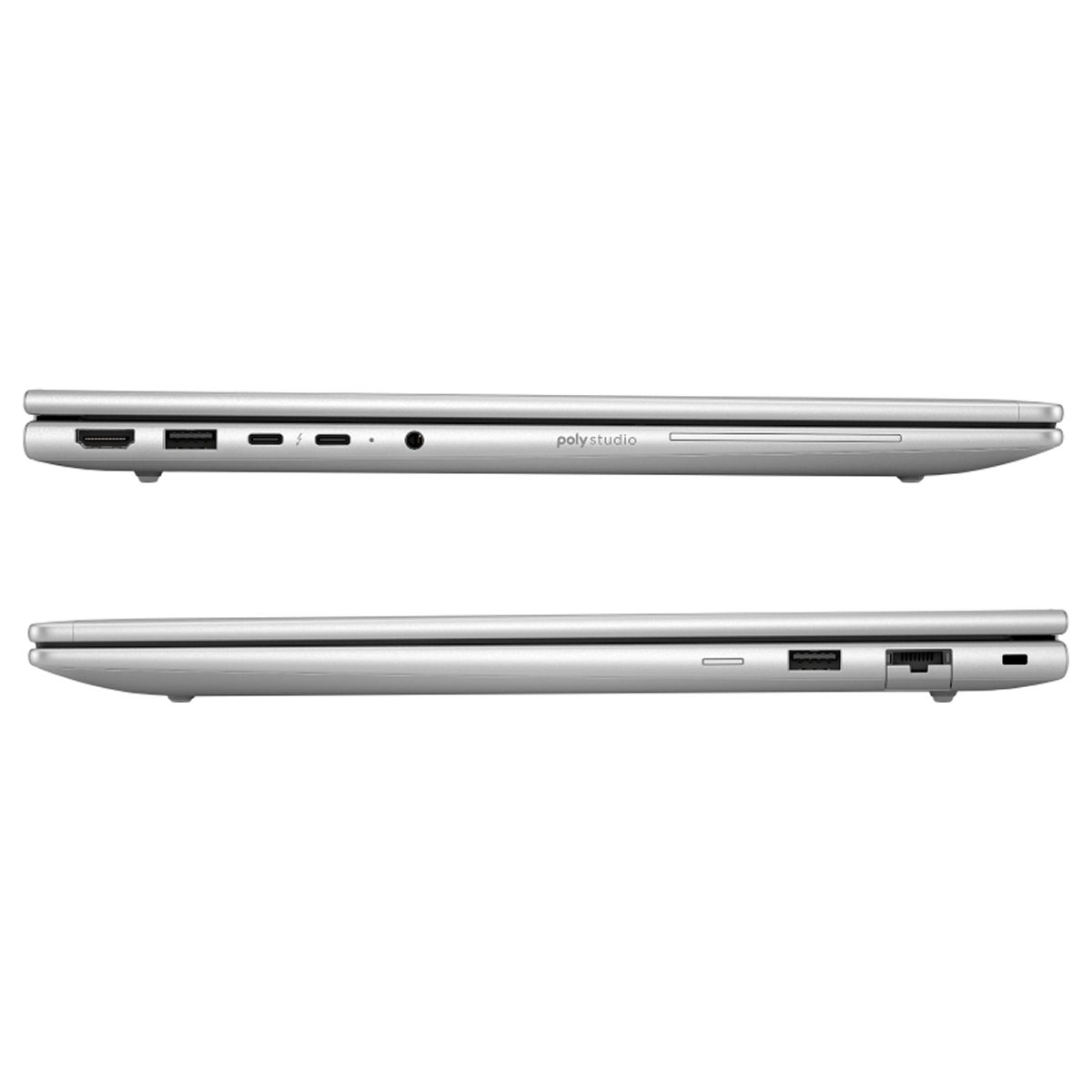Zwei silberne Laptops nebeneinander. Jeder hat Anschlüsse, einschließlich HDMI, USB und Audio. Der obere Laptop hat 'polystudio' aufgedruckt.