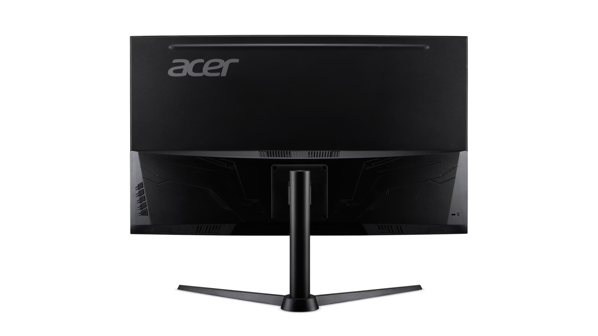 Czarny monitor Acer, widok z tyłu. Logo Acer u góry. Stojak jest czarny, z trzema nogami. Białe tło.