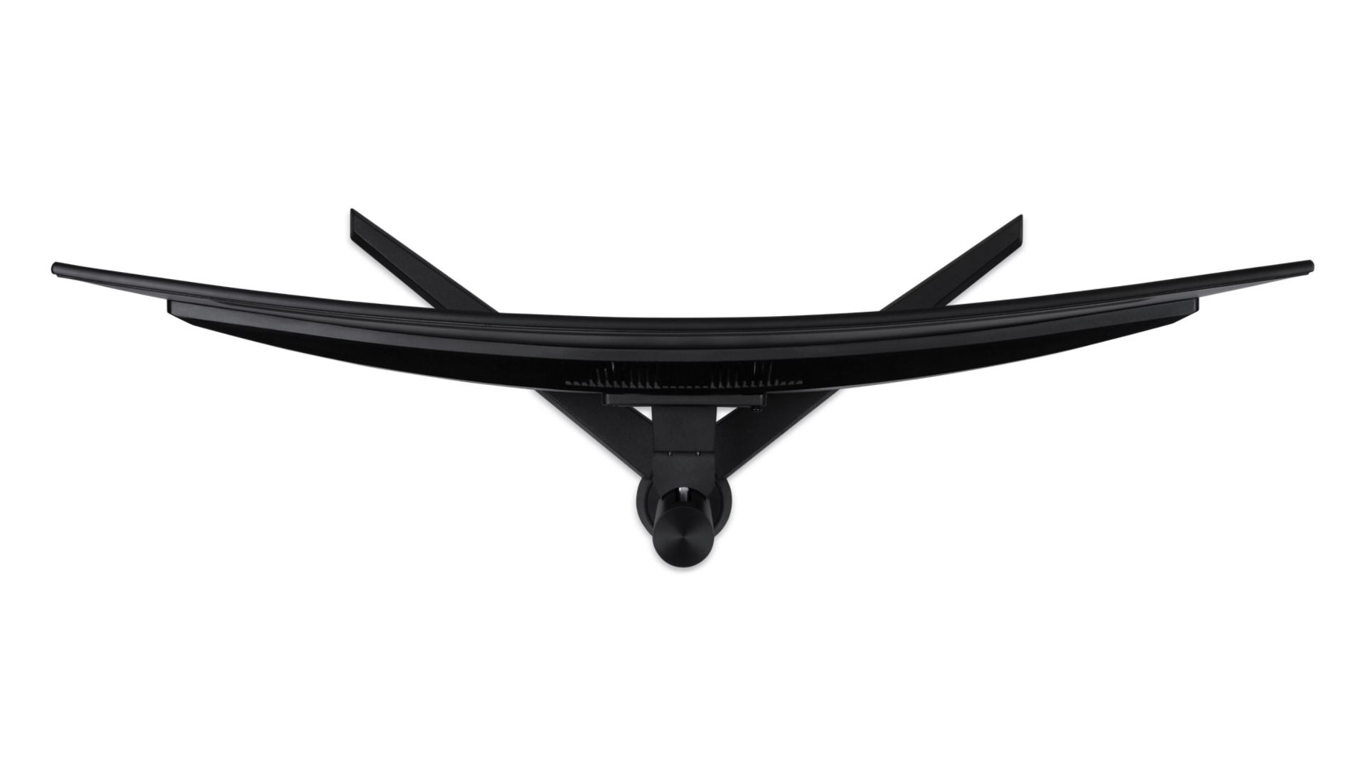 Zakrzywiony czarny monitor, widziany z góry. Ma centralną podstawę i dwa ramiona podtrzymujące. Tło jest białe.