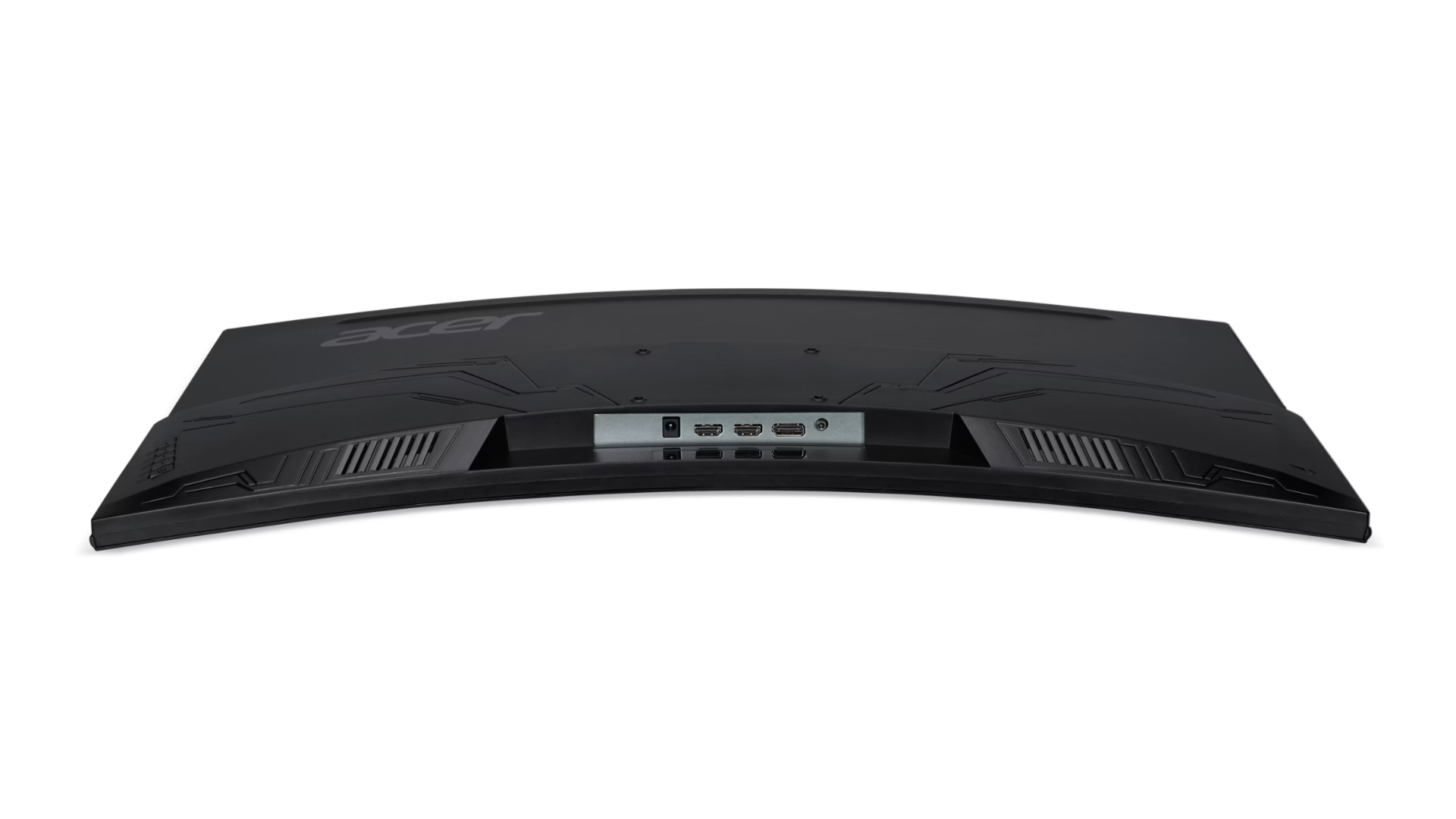 Czarny tył zakrzywionego monitora Acer z portami i marką na białym tle.