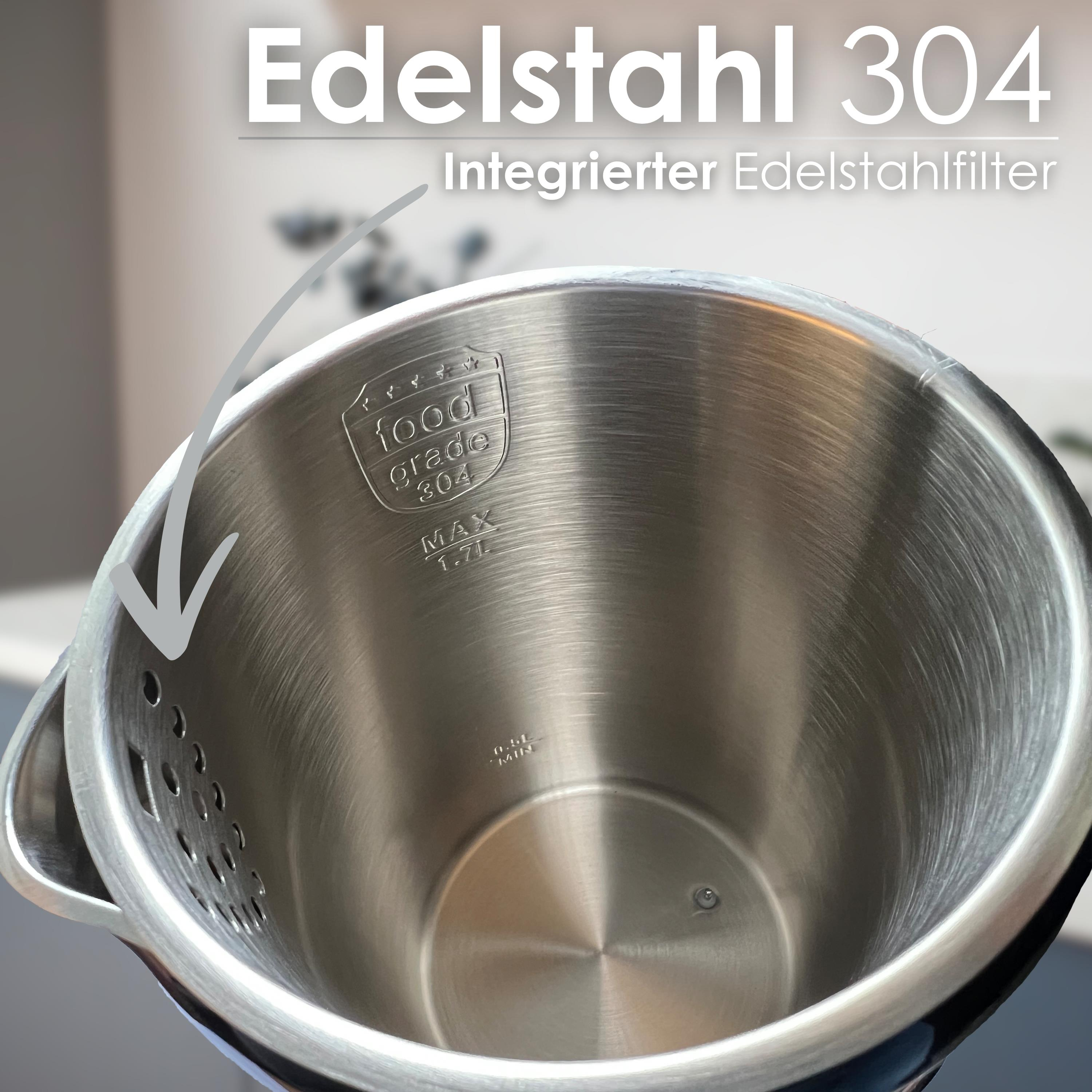 Edelstahl-Kessel-Innenraum. Zeigt Lebensmittelqualität, max. Fülllinie. Perforierte Seite. Weißer Text: Edelstahl 304.
