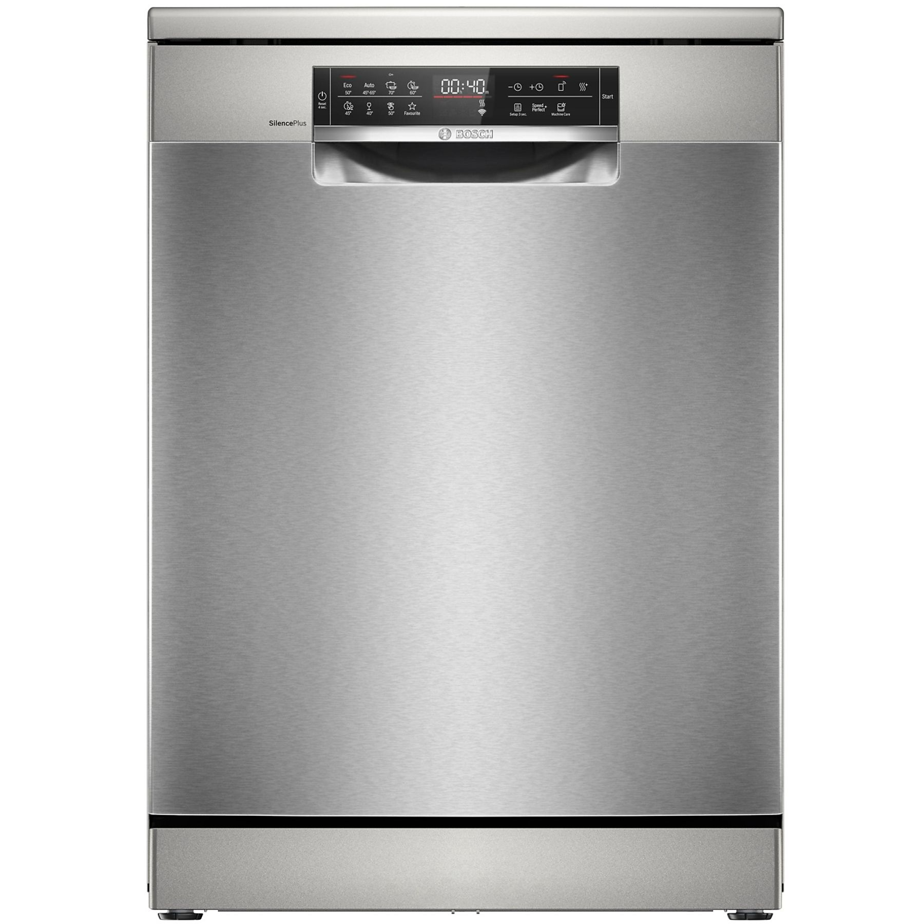 Zmywarka Bosch ze stali nierdzewnej. Posiada wyświetlacz cyfrowy i różne przyciski do cykli.