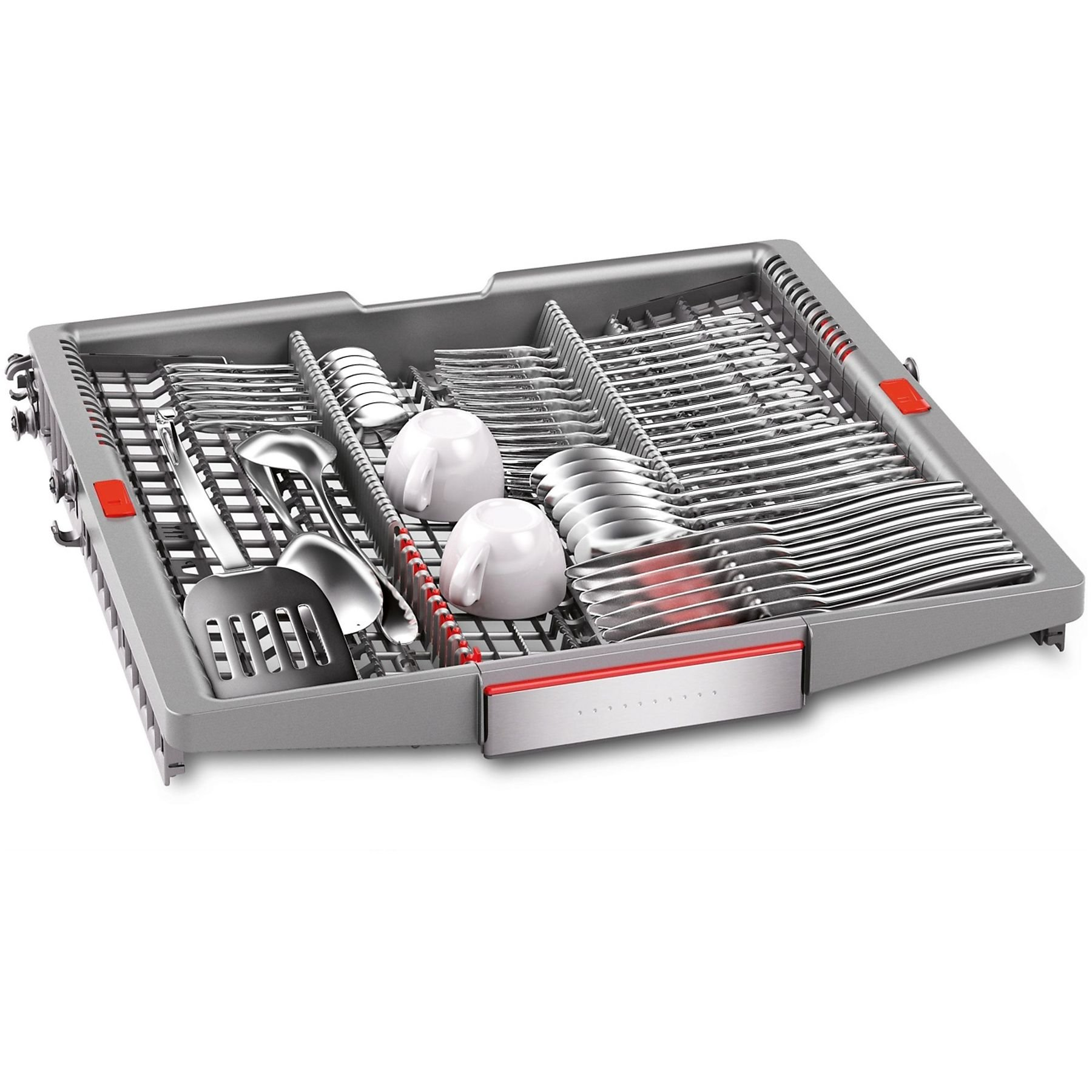 Stojak do zmywarki wypełniony sztućcami, filiżankami i przyborami, gotowy do mycia. Szary i stal nierdzewna.