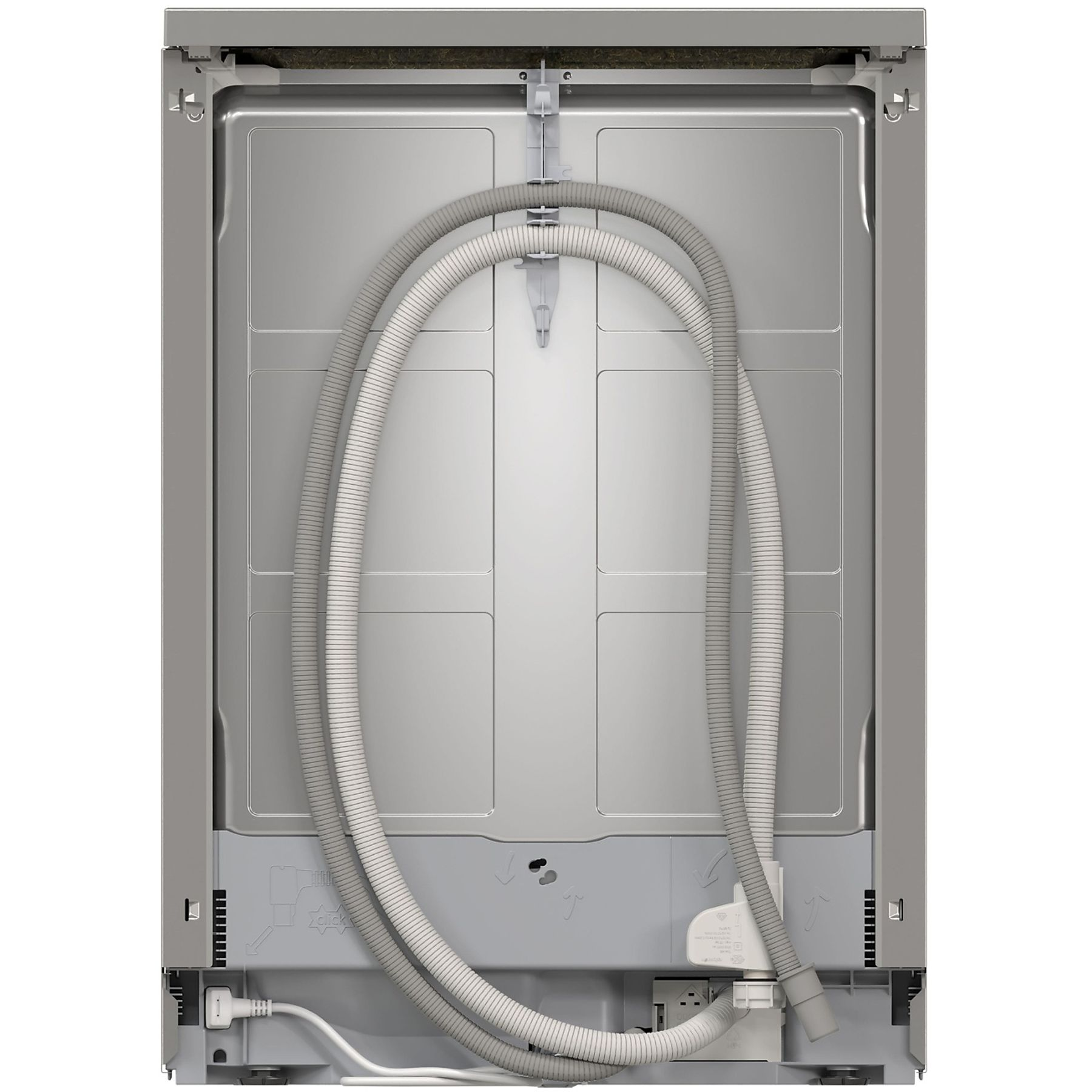 Widok z tyłu zmywarki. Pokazuje rury, przewód zasilający i metalowy panel tylny. Szare odcienie dominują w obrazie.