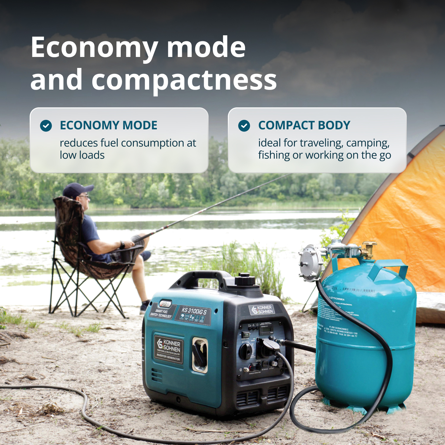 Mężczyzna łowiący ryby nad jeziorem z turkusowym generatorem i niebieską butlą gazową. Pomarańczowy namiot w tle.