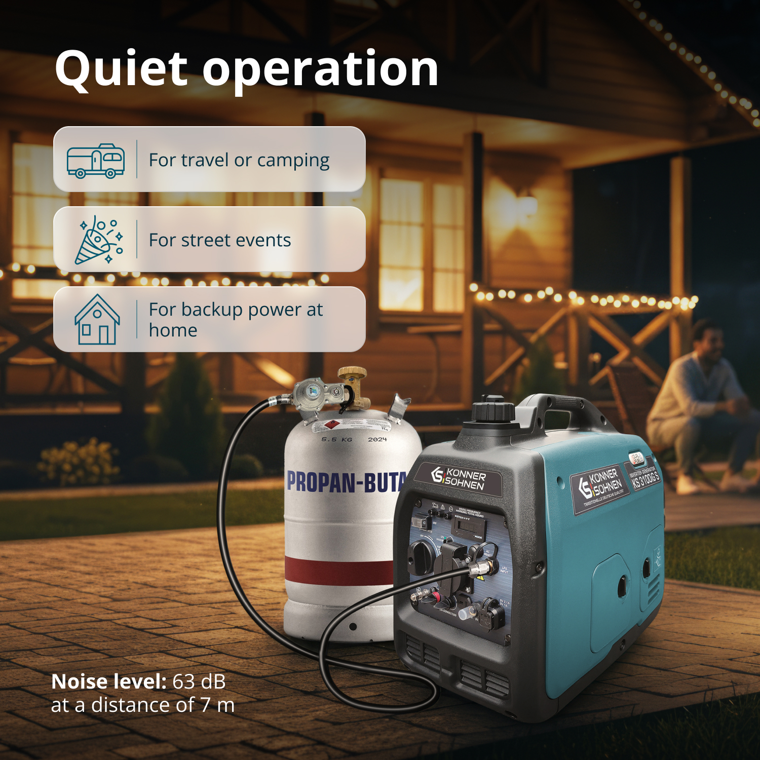 Generator i zbiornik propanu na patio. Tekst mówi „Cicha praca”. Zastosowania obejmują podróże, imprezy uliczne i zapas w domu.