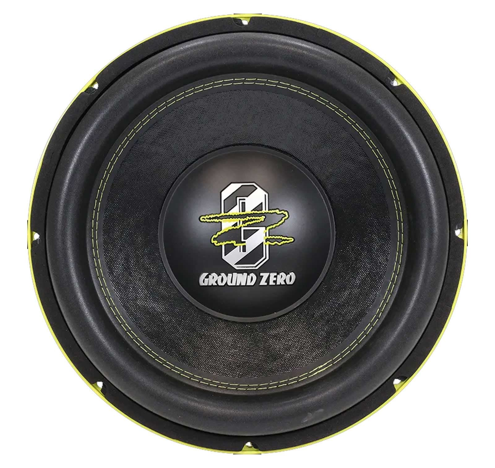 Nahaufnahme eines Ground Zero Subwoofers. Er hat einen schwarzen Konus, gelbe Akzente und ein Logo in der Mitte.
