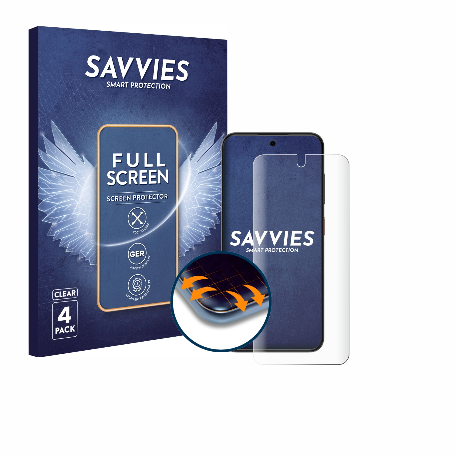 Ein Handy-Displayschutz-Kit. Es enthält ein Telefon, einen Displayschutz und eine Box. Die Box hat den Markennamen SAVVIES.