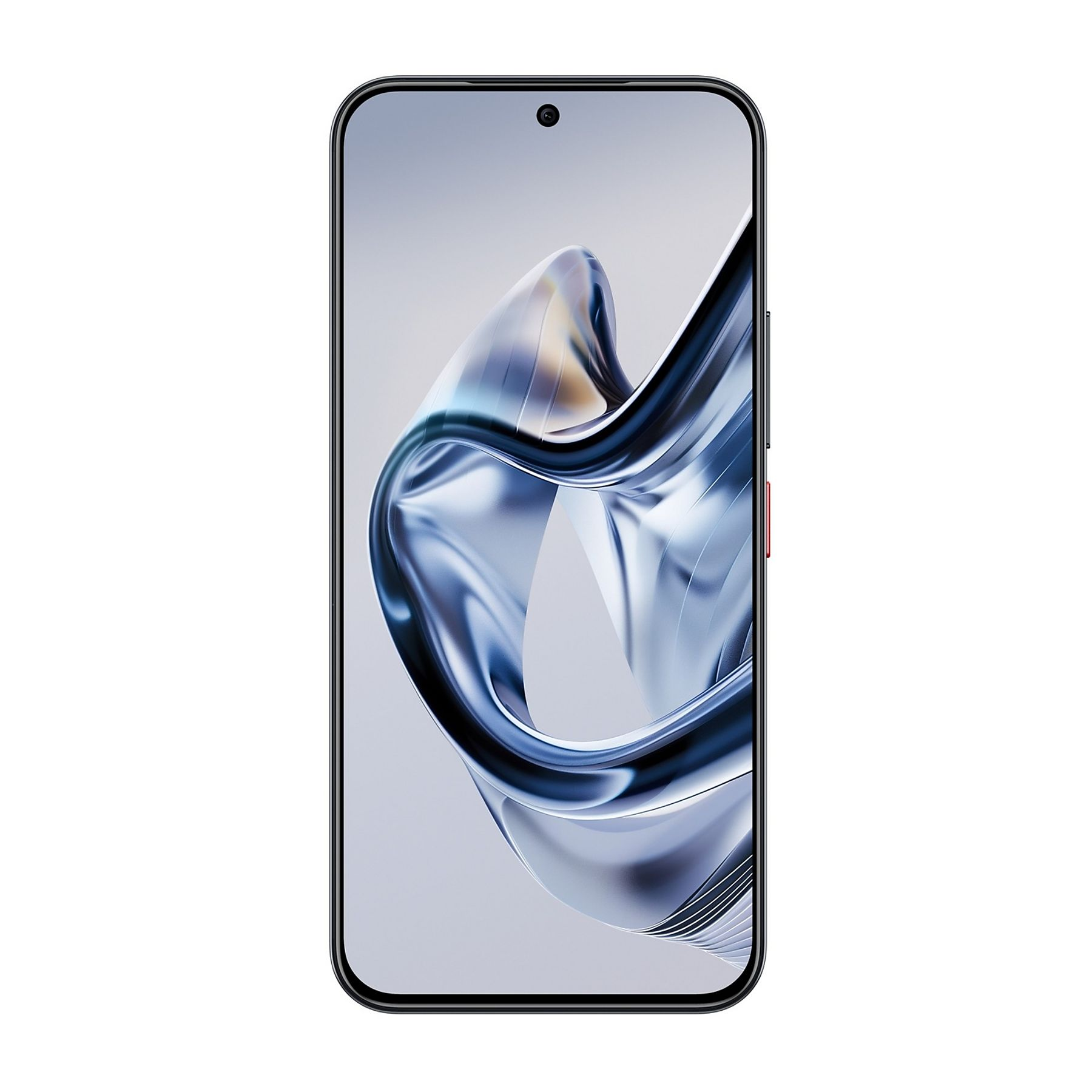 Smartfon z czarną ramką i ekranem wyświetlającym wirujący niebiesko-biały wzór.