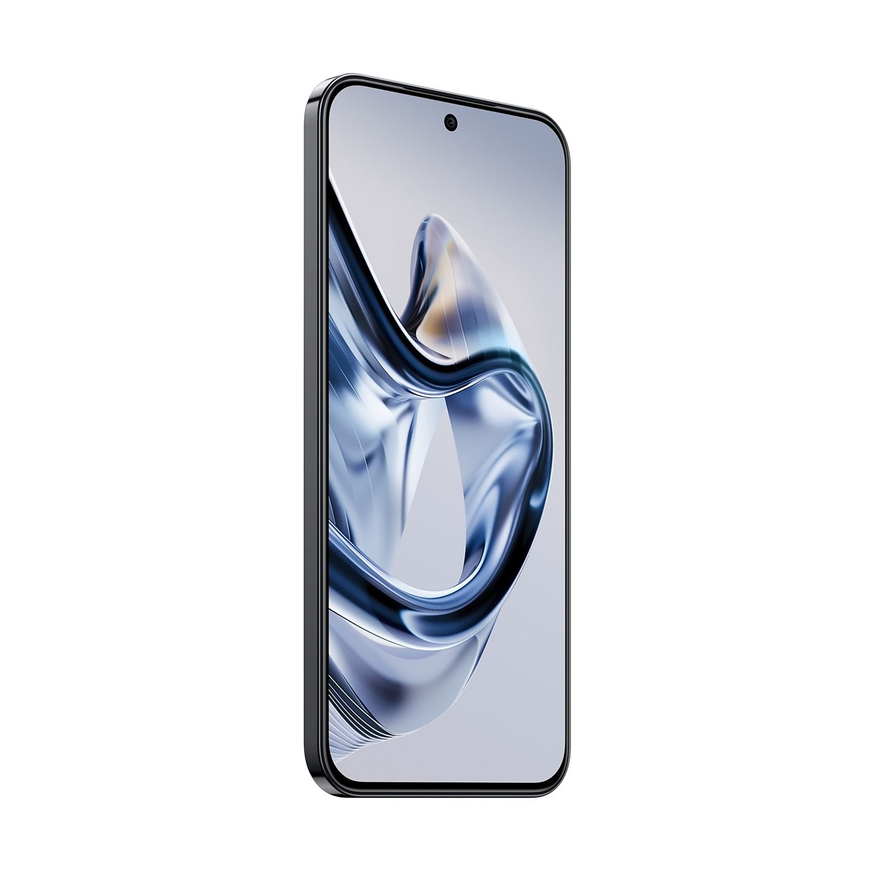 Smartfon na białym tle. Ekran wyświetla abstrakcyjny, niebiesko-biały wzór.