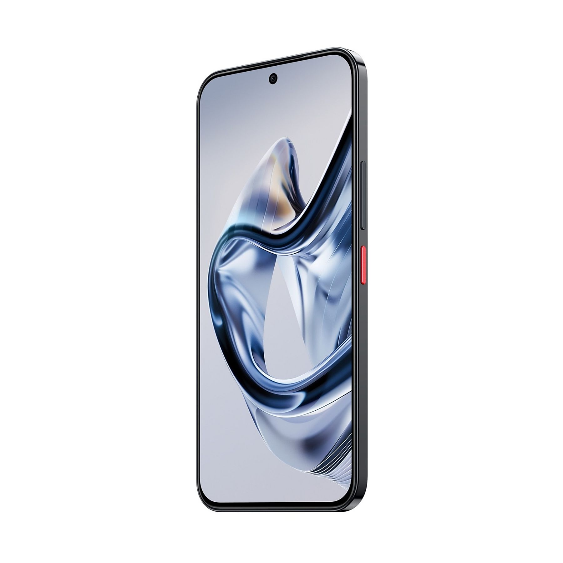 Smartfon na białym tle. Ekran wyświetla niebiesko-biały abstrakcyjny wzór.