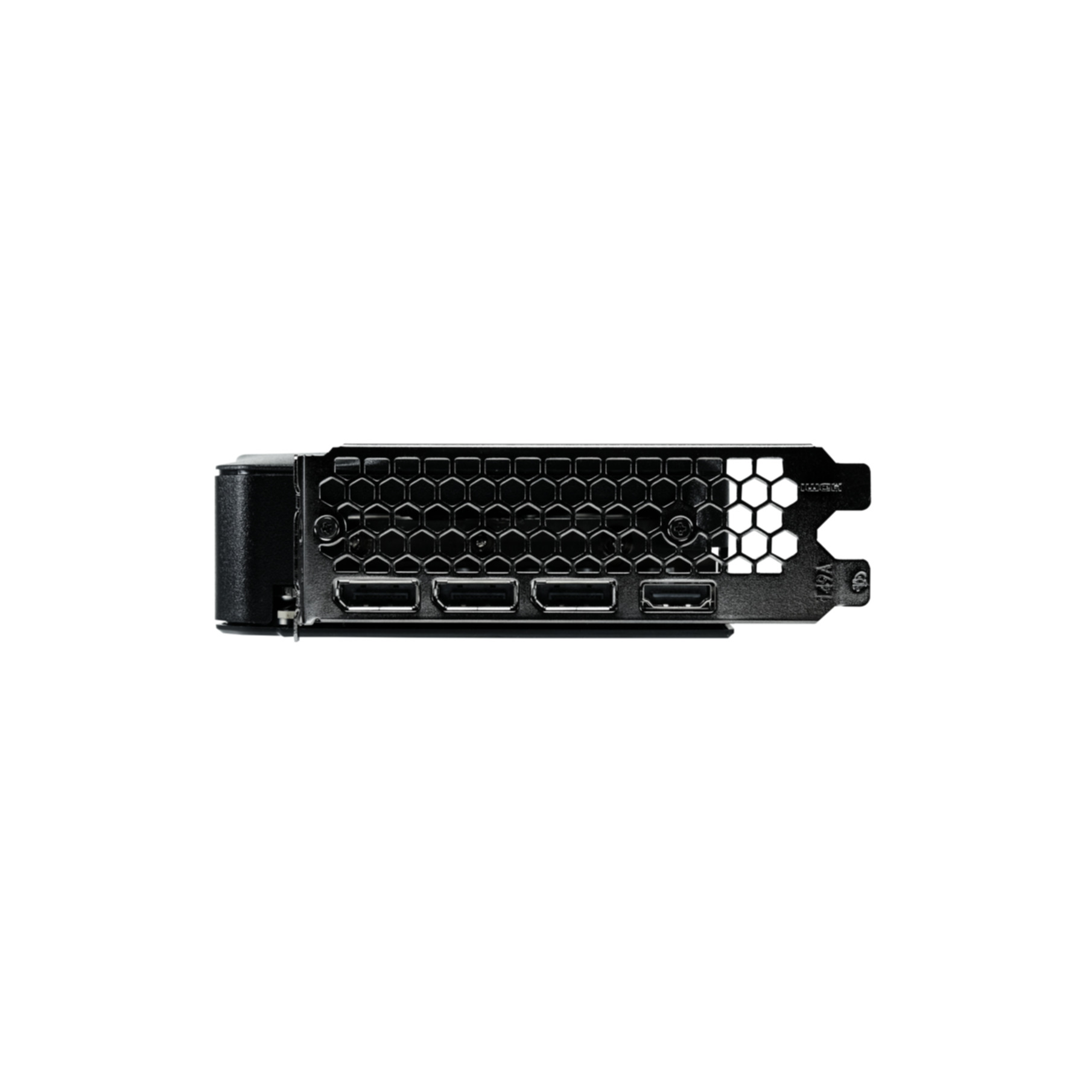 Eine schwarze Grafikkarte mit mehreren Anschlüssen, einschließlich HDMI und DisplayPort, vor weißem Hintergrund.