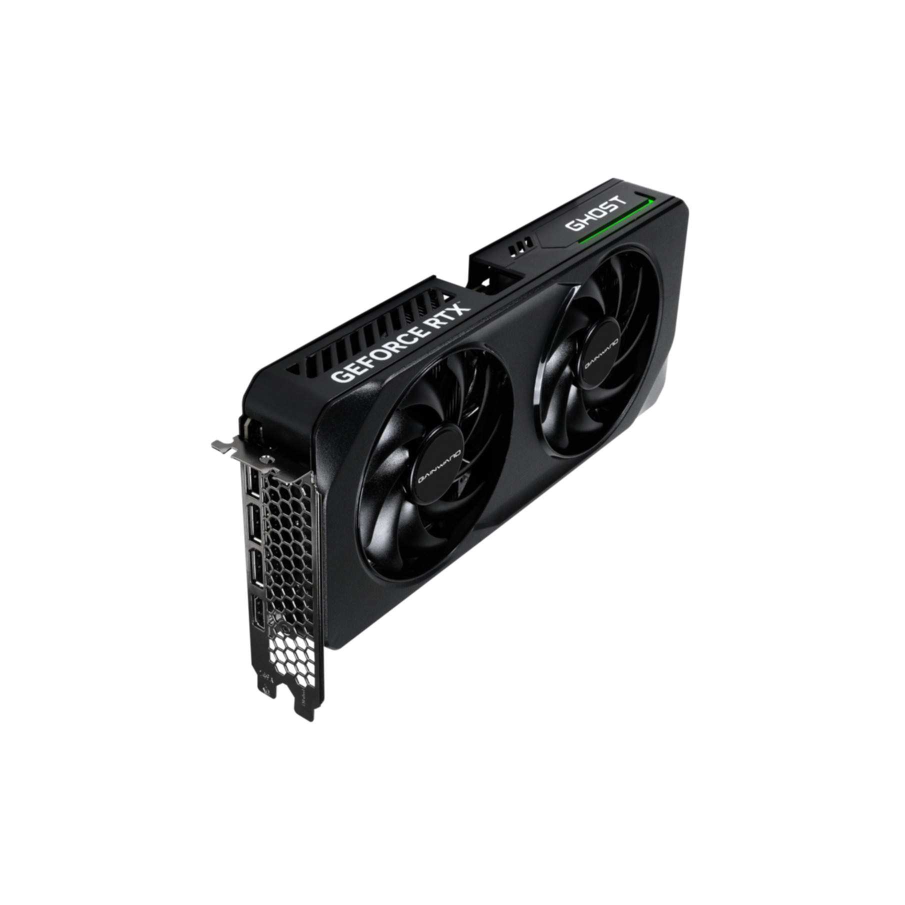Eine schwarze Gainward GeForce RTX Ghost Grafikkarte mit zwei Lüftern. Die Karte ist abgewinkelt.