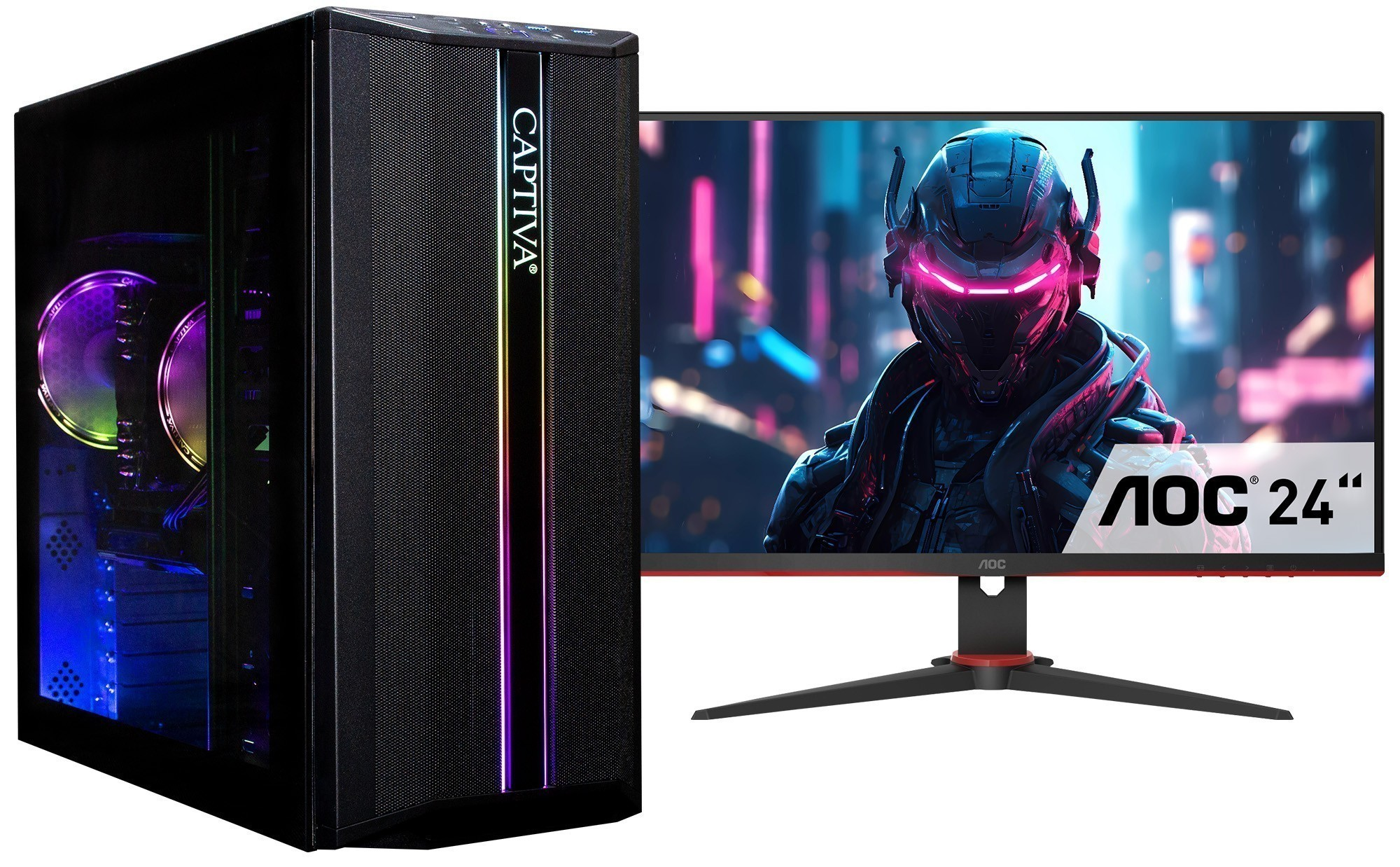 Een computertoren met de naam CAPTIVA en een 24" AOC-monitor met een futuristische afbeelding van een persoon met een gloeiende helm.
