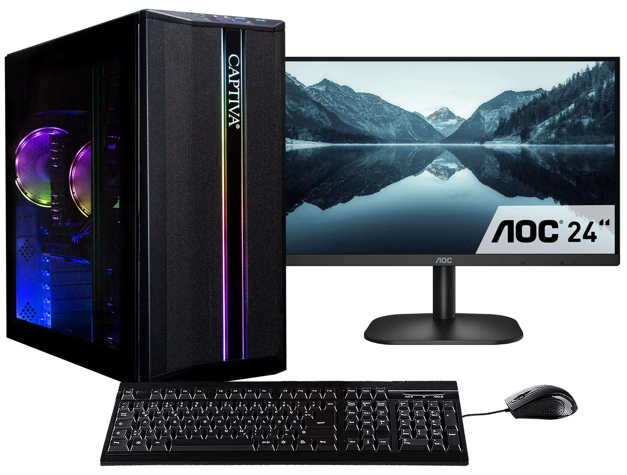 Ein Computer-Setup mit einem schwarzen Turm, Monitor, Tastatur und Maus. Der Monitor zeigt eine Seeszene.