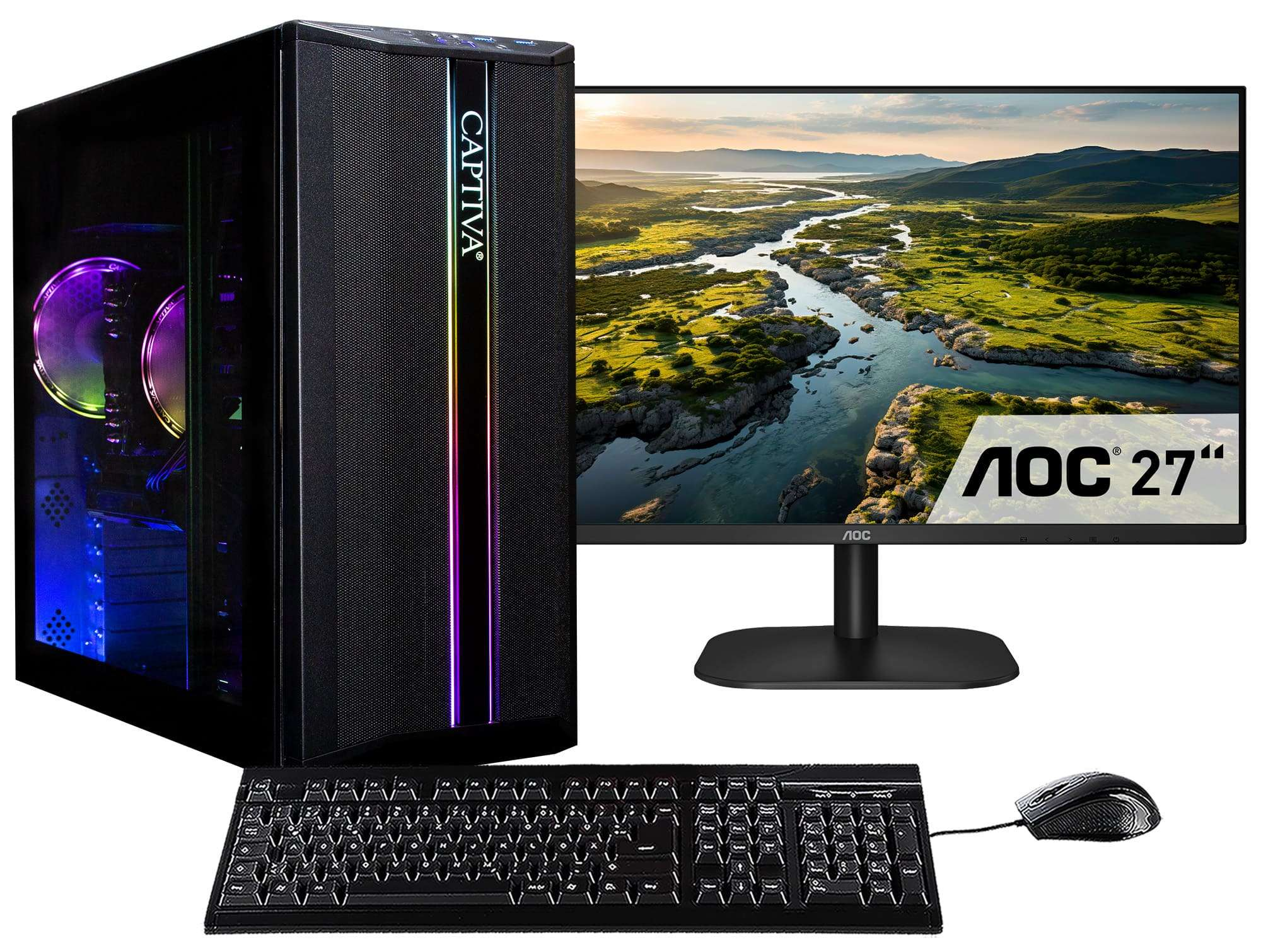 Een computeropstelling met zwarte toren, monitor, toetsenbord en muis. De monitor toont een landschap.