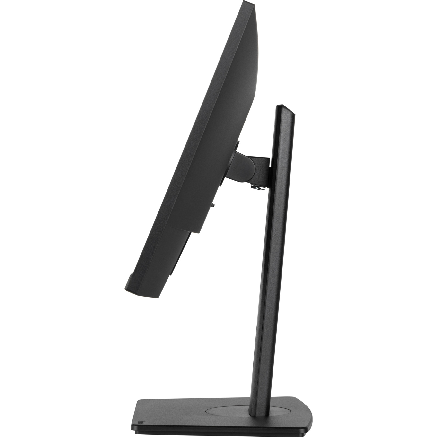 Czarny monitor komputera na stojaku, widok z boku. Ekran jest lekko pochylony. Tło jest białe.