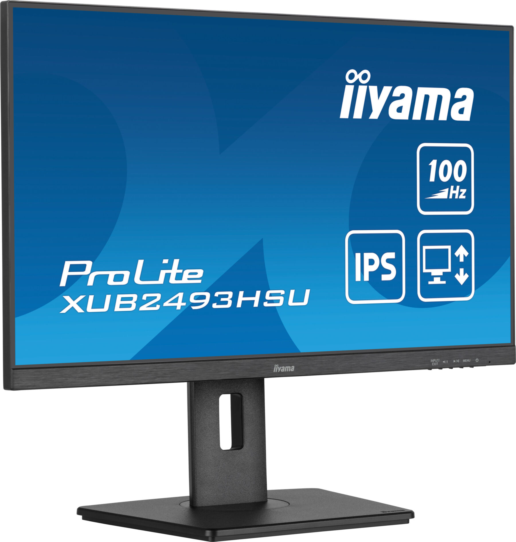 Monitor iiyama ProLite XUB2493HSU. Ma niebieski ekran z białym tekstem i ikonami. Podstawa i ramka są czarne.
