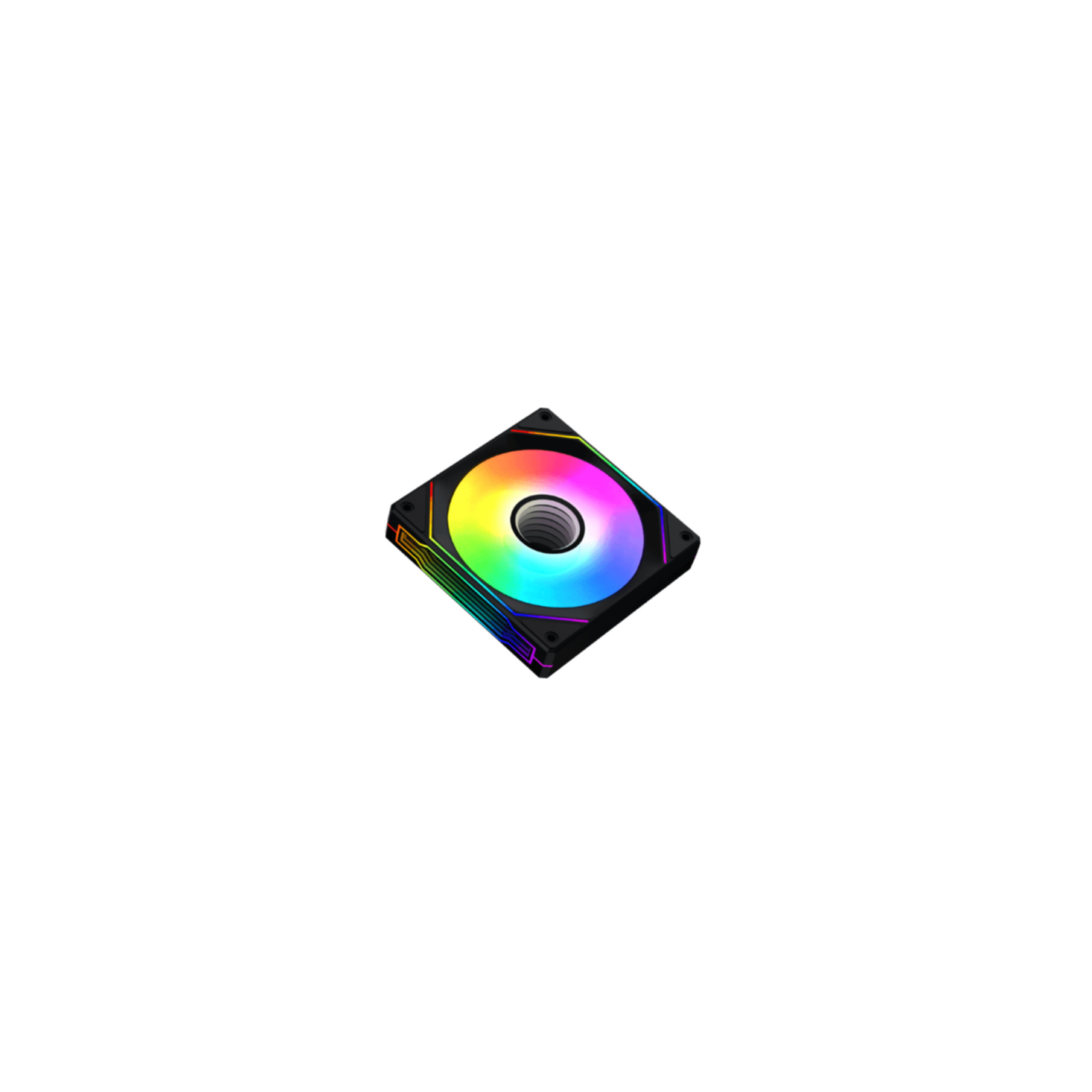 A square computer fan with a rainbow-colored light ring and a central white element, set against a white background.