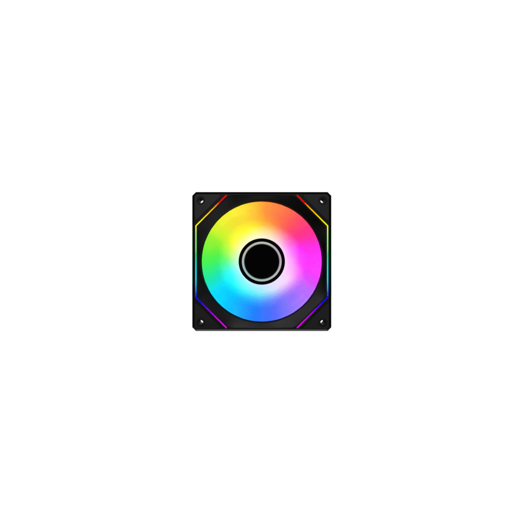 A square computer fan with a rainbow-colored light in the center and a black frame.