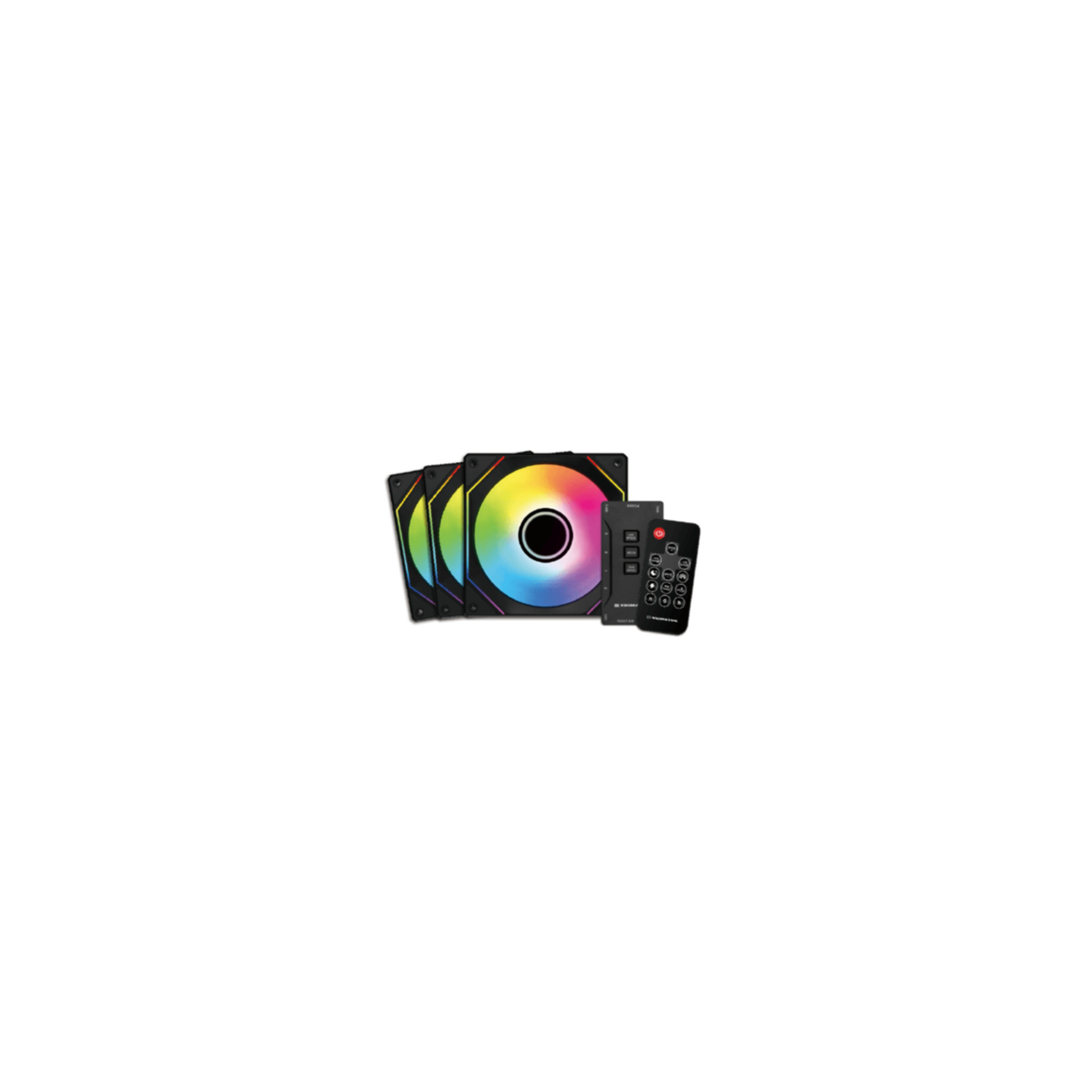 RGB PC fans and remote. Fans have a circular design with a rainbow effect. A black remote is also present.