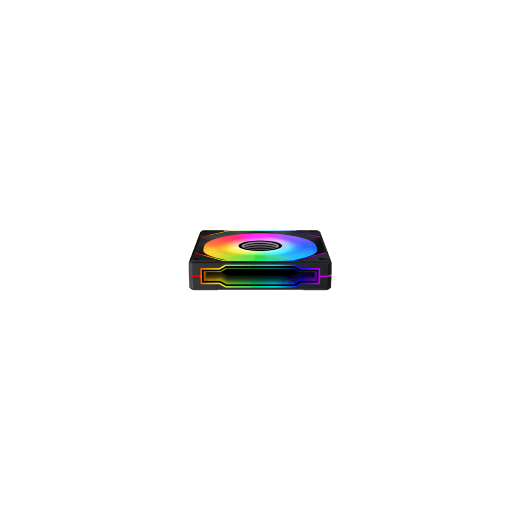 A square, black computer fan with a circular center. The fan has rainbow-colored lights.