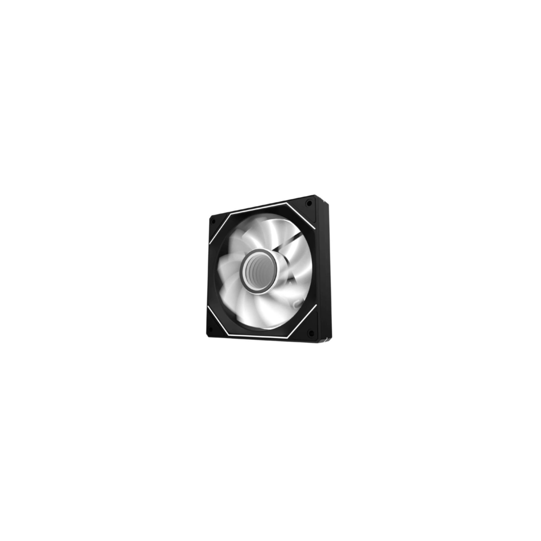 A computer fan with a black frame and silver blades, set against a white background.