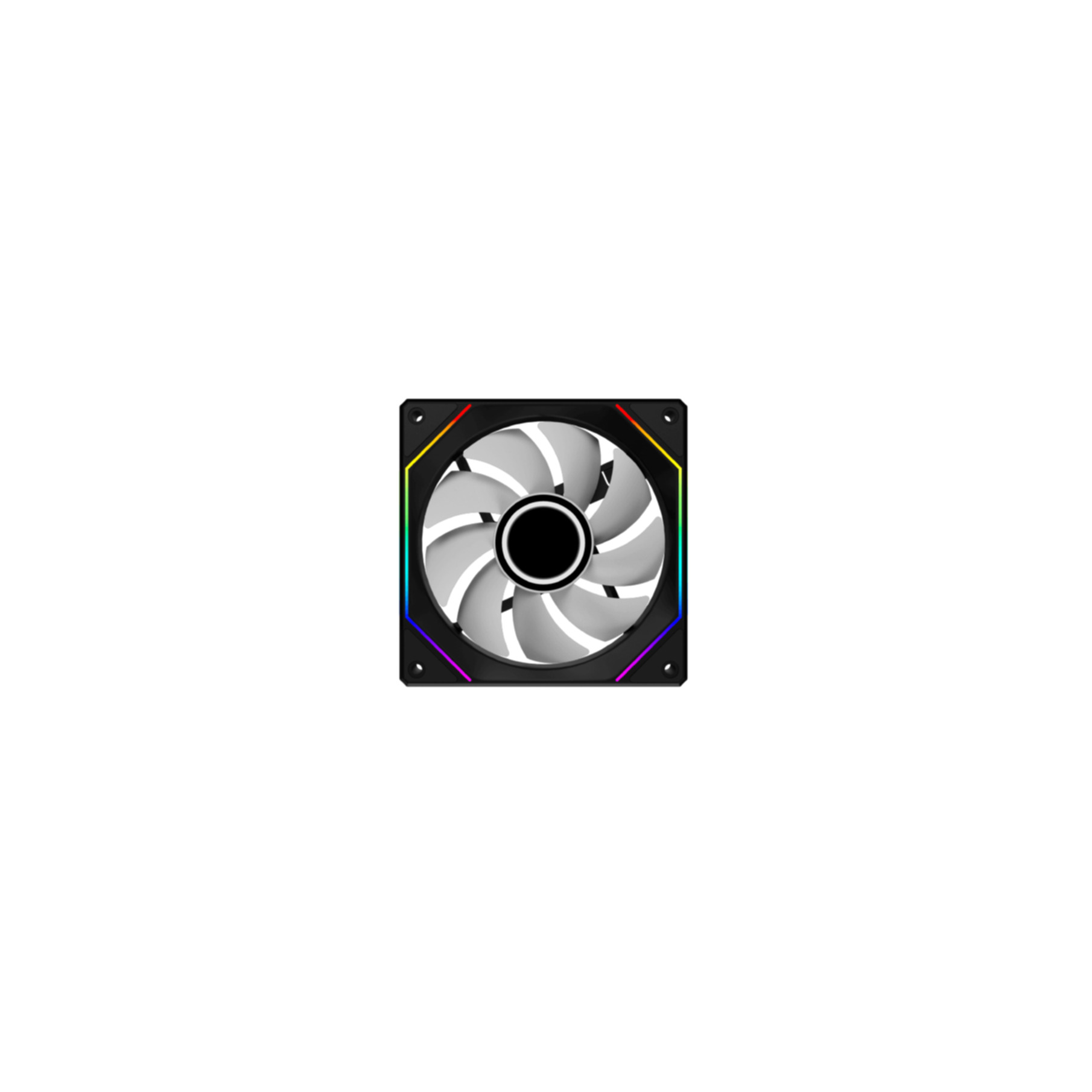 A computer fan with white blades and a black frame with a colorful LED border, set against a white background.