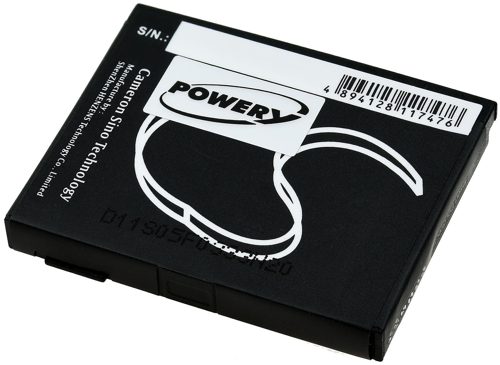 Schwarzer Akku mit weißem Text 'POWER' und 'Cameron Sino Technology'. Hat einen Barcode und ein S/N-Etikett.