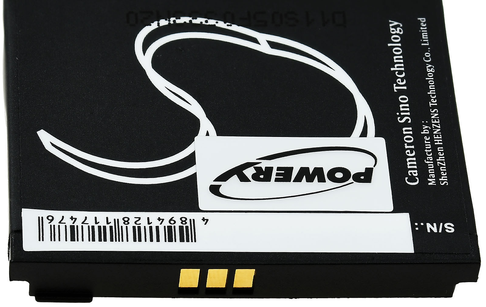 Ein schwarzer Akku mit einem weißen Aufkleber mit der Aufschrift 'POWER', weißen Linien und Text. Enthält einen Barcode und den Text 'Cameron Sino Technology'.