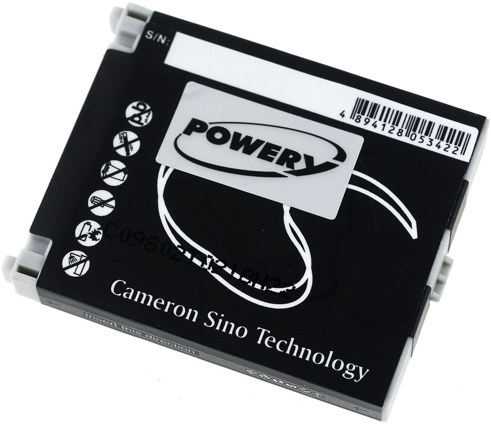 Schwarzer rechteckiger Akku mit weißem Text und Grafiken. Er hat ein 'POWER'-Logo, und Cameron Sino Technology ist darauf gedruckt.