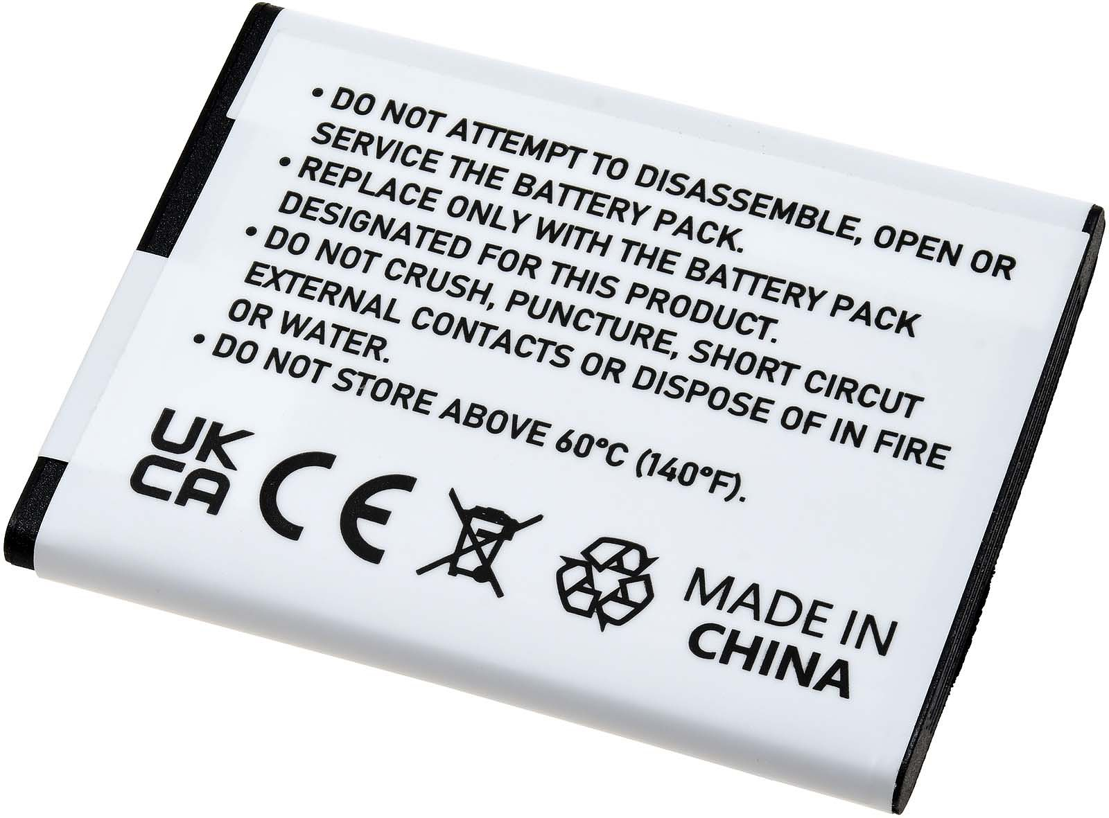 Batería blanca con bordes negros. Texto que dice: no desensamblar, reemplazar con la misma, no aplastar ni perforar, y hecho en China.