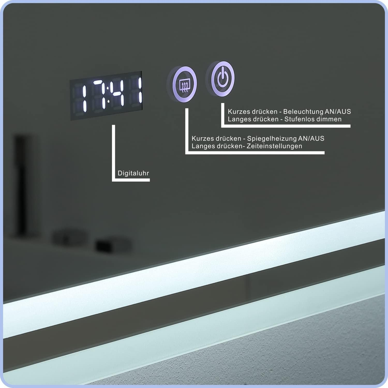 Ein Spiegel mit Digitaluhr (17:41) und Touch-Bedienelementen für Licht und Spiegelheizung. Text auf Deutsch ist sichtbar.