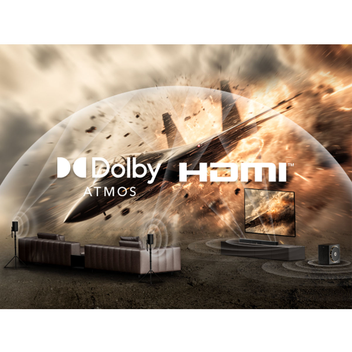 Obraz przedstawia odrzutowiec przebijający kopułę. Wyświetlane są logo Dolby, HDMI i Atmos. Widoczna jest aranżacja salonu.