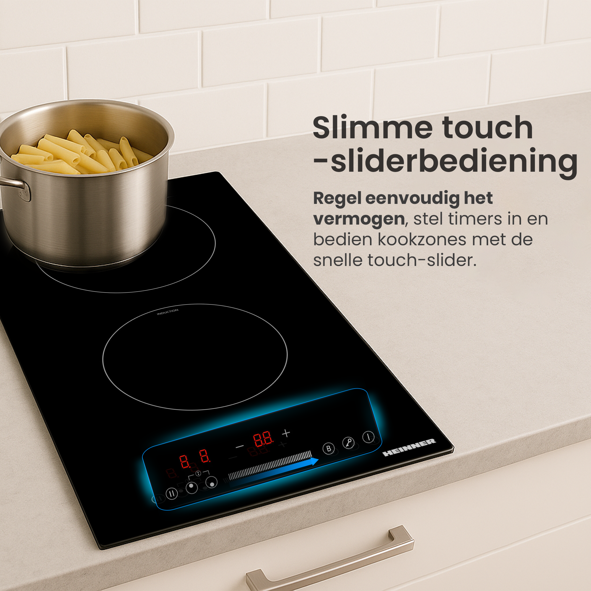 Een moderne zwarte inductiekookplaat met een pan pasta erop. Het bedieningspaneel licht op.