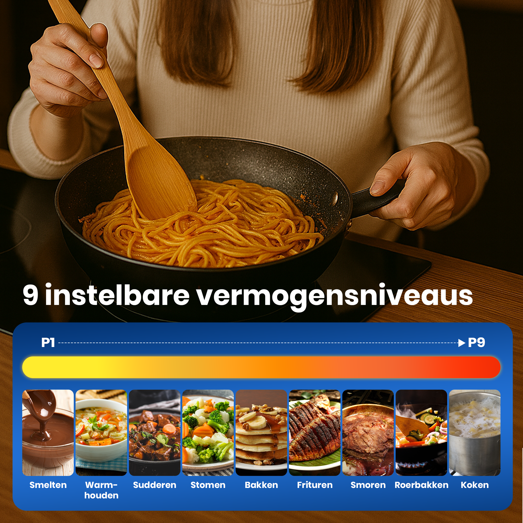 Een persoon roert spaghetti in een pan met een houten lepel. Een schaal illustreert kookmethoden en vermogensniveaus.