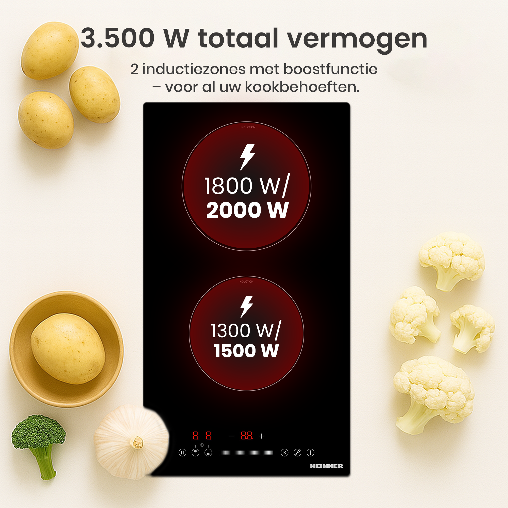 Zwarte inductiekookplaat met groenten en tekst. Aardappelen, bloemkool, broccoli en knoflook zijn zichtbaar.