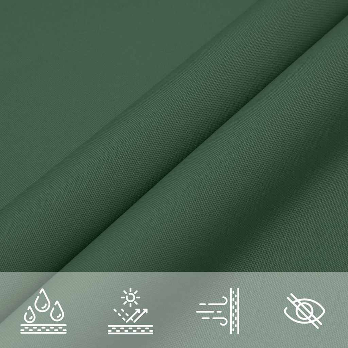 Nahaufnahme eines grünen Stoffes mit feiner Textur. Der Stoff ist gefaltet und wirft Schatten. Darunter Icons für Wasser- und UV-Schutz.