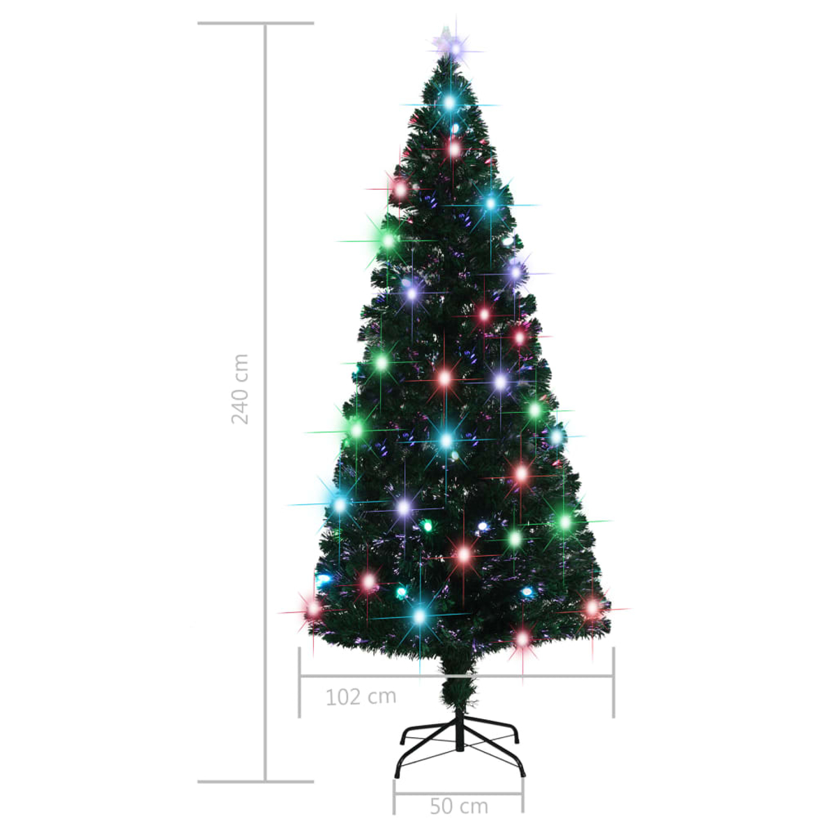 Ein beleuchteter Weihnachtsbaum mit bunten Lichtern. Er hat einen Stern oben und wird von einem Metallständer getragen. Abmessungen sind angegeben.