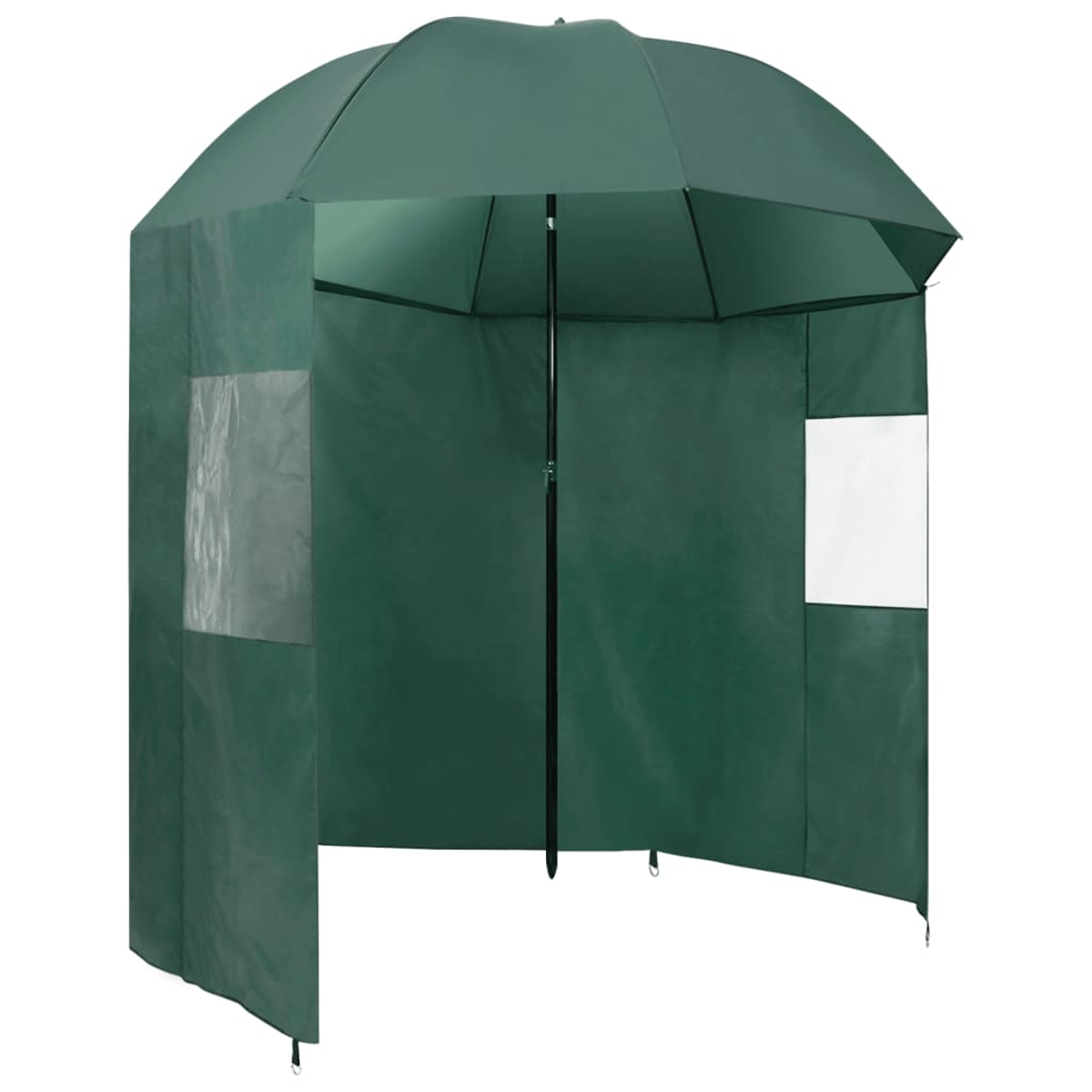 Ein grüner Pop-up-Schutz mit einem schirmartigen Dach. Es hat transparente und weiße Fenster.