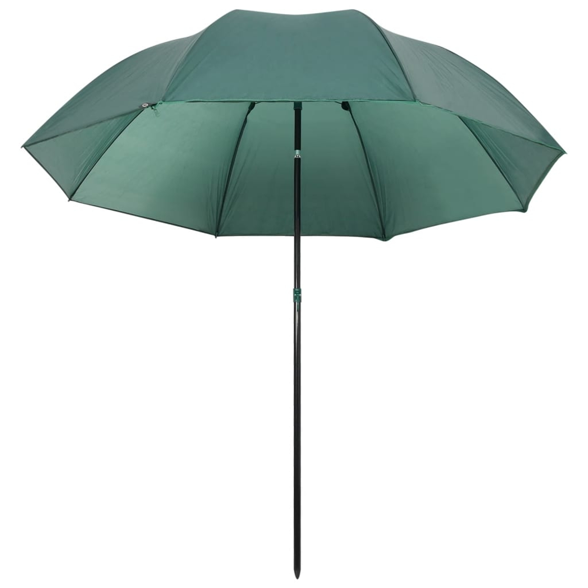 Ein grüner Regenschirm ist geöffnet und zeigt die Innenseite. Der Schirm hat einen schwarzen Stab und steht vor weißem Hintergrund.