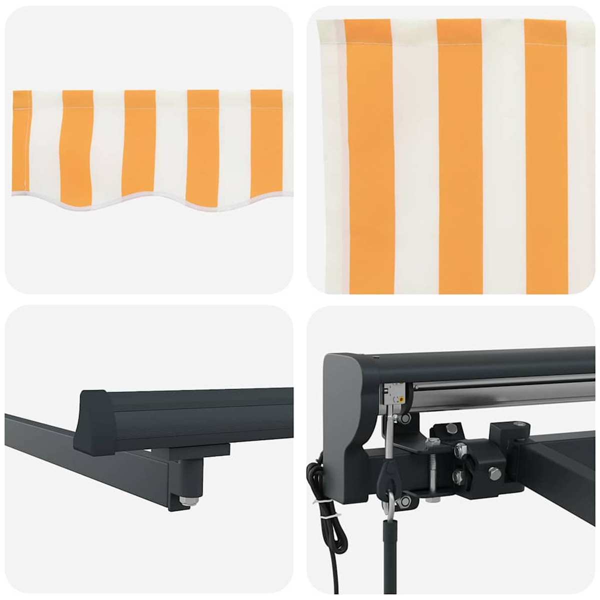 Vier Bilder zeigen eine ausziehbare Markise. Sie hat orange und weiße Streifen. Details des Rahmens und des Mechanismus sind ebenfalls sichtbar.