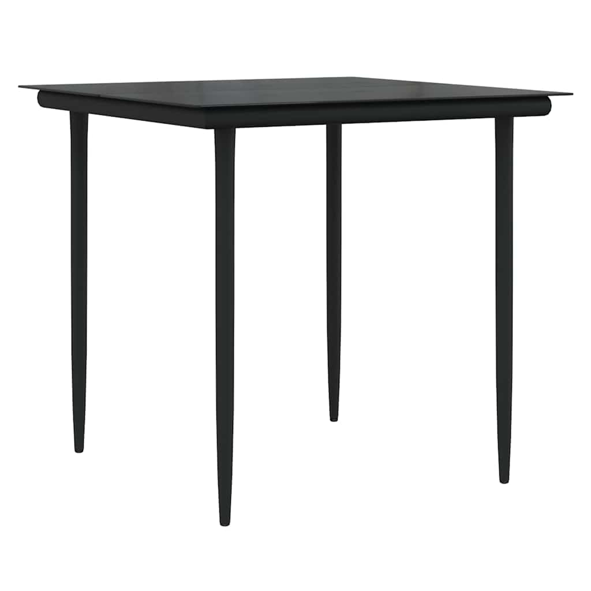 Ein quadratischer schwarzer Tisch mit vier Beinen. Der Tisch ist leer und vor einem weißen Hintergrund platziert.