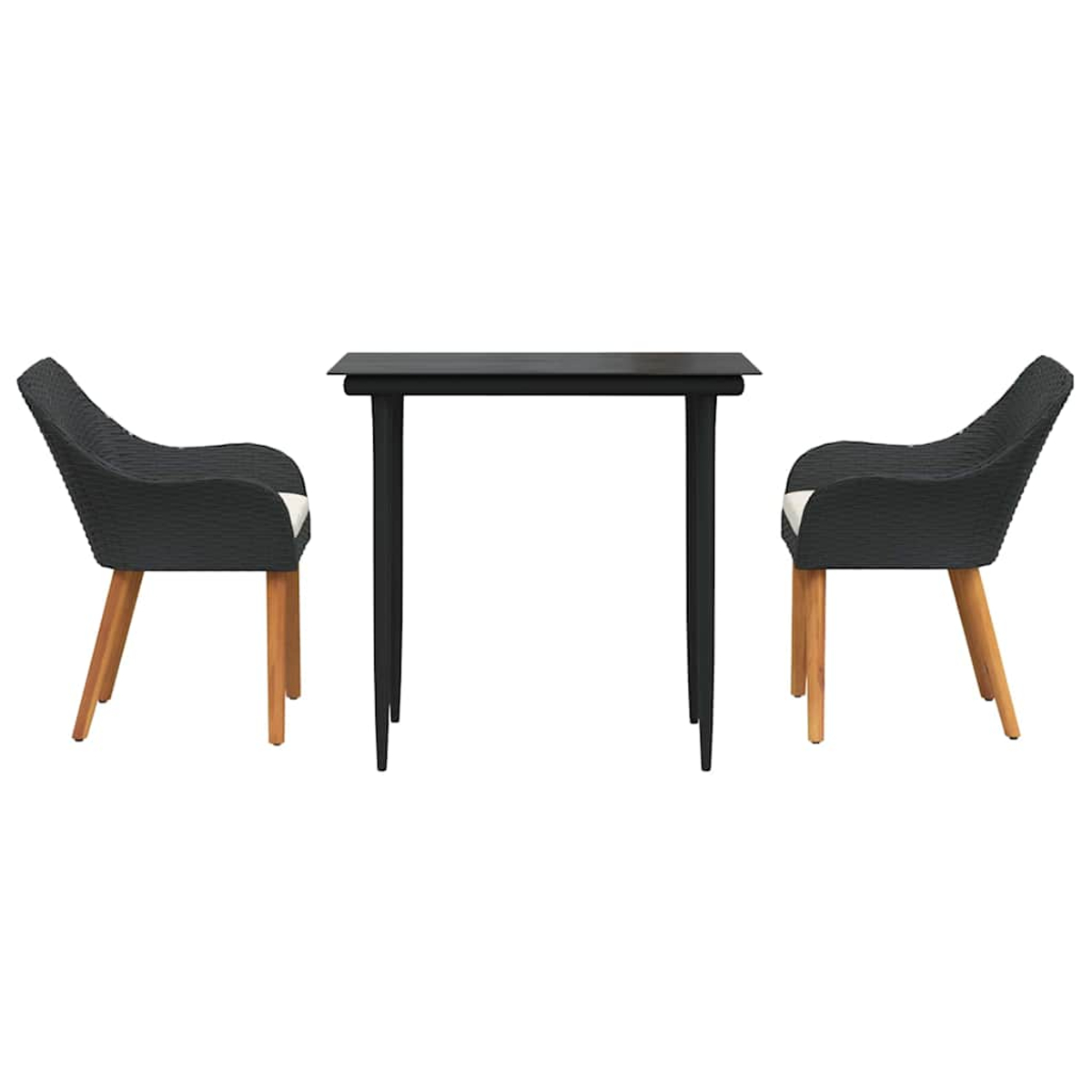 Ein Tisch und zwei Stühle. Der Tisch ist schwarz. Die Stühle haben schwarze Sitzflächen und Holzbeine mit weißen Kissen.