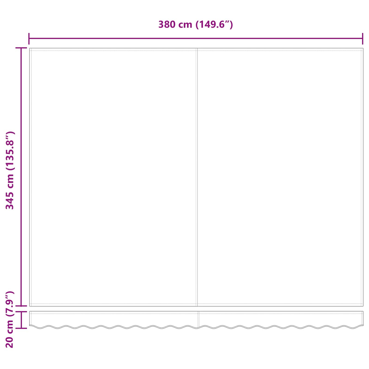 Diagramm eines großen, rechteckigen Objekts mit Abmessungen. Die Höhe beträgt 345 cm, die Breite 380 cm. Eine 20 cm Basis ist vorhanden.