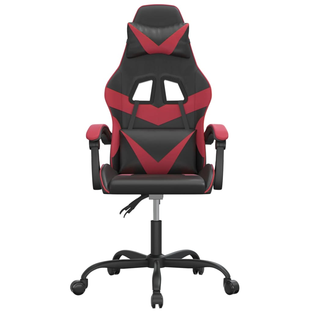 Ein schwarzer und roter Gaming-Stuhl. Er hat eine hohe Rückenlehne mit Kopf- und Lendenwirbelstütze, Armlehnen und ein Fünf-Sterne-Gestell mit Rollen.