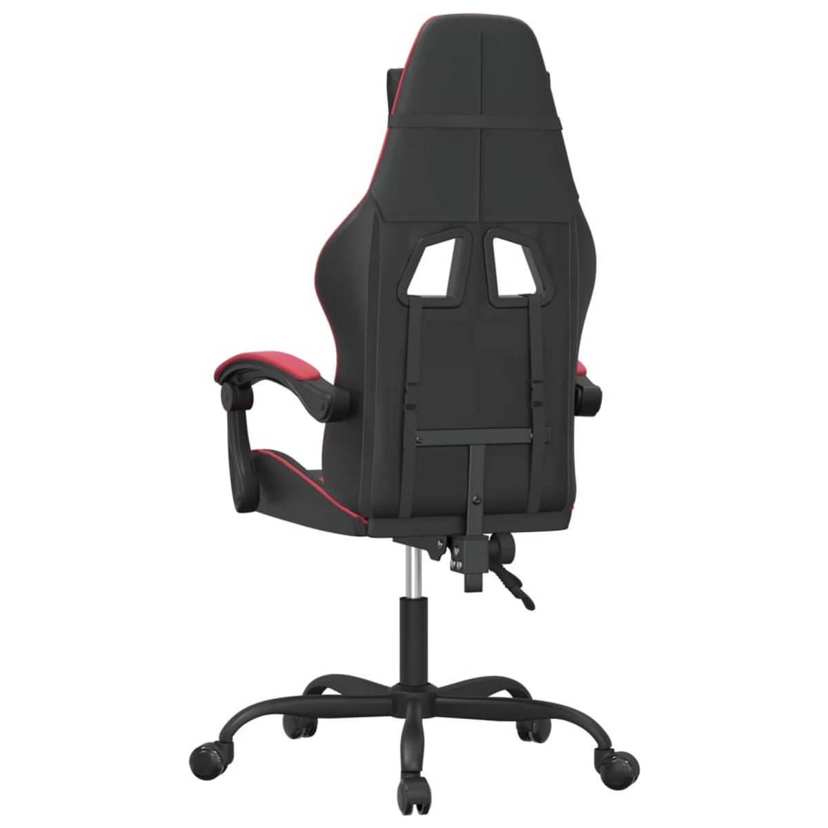 Ein schwarz-roter Gaming-Stuhl. Die Rückansicht zeigt das Design des Stuhls, einschließlich Kopfstütze, Armlehnen und Basis mit Rädern.