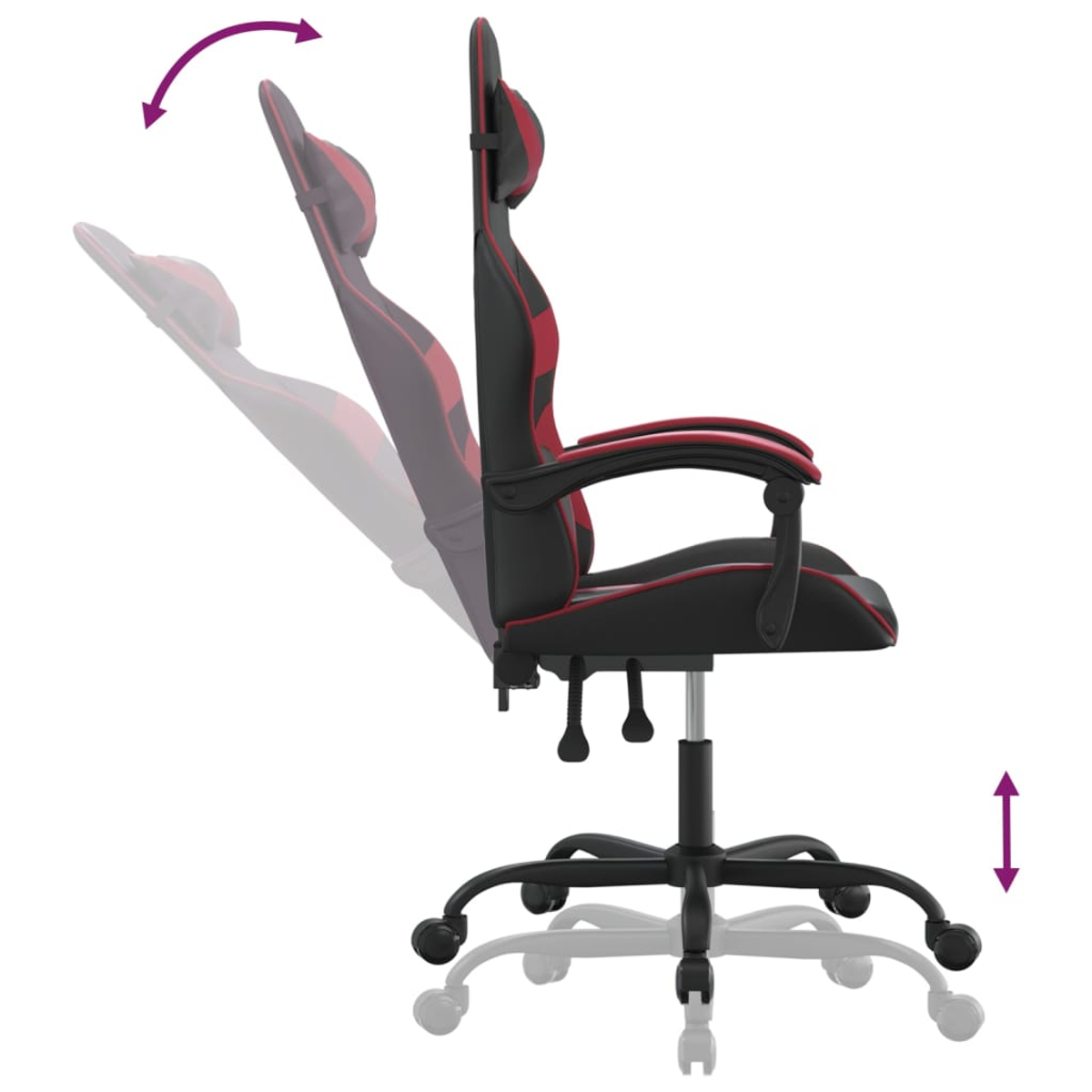 Ein schwarz-roter Gaming-Stuhl. Er hat eine hohe Rückenlehne, Armlehnen und ein Fünf-Rollen-Gestell. Pfeile zeigen die Verstellbarkeit an.