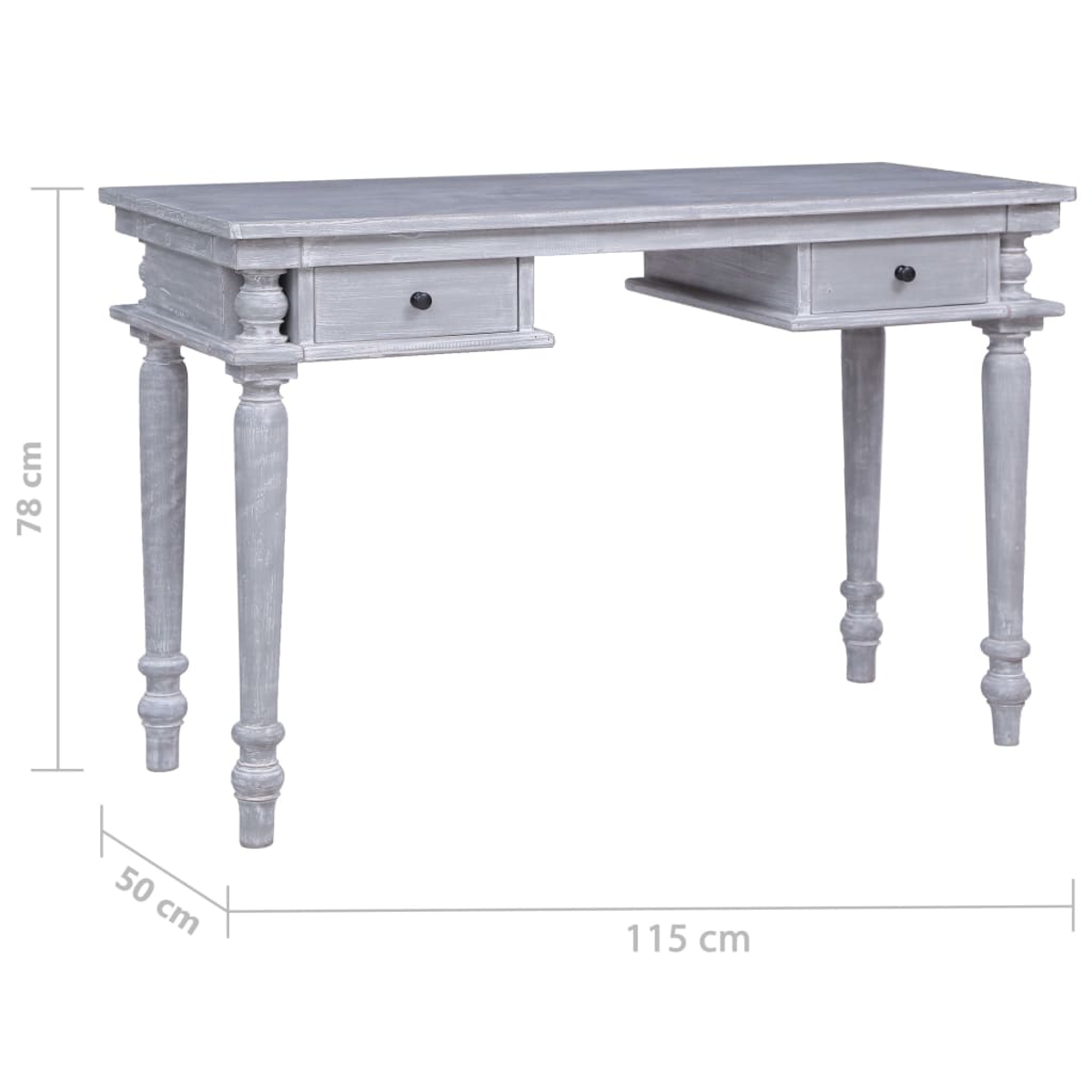 Ein grauer Holzschreibtisch mit zwei Schubladen und vier Beinen. Abmessungen: 78 cm hoch, 50 cm tief und 115 cm breit.