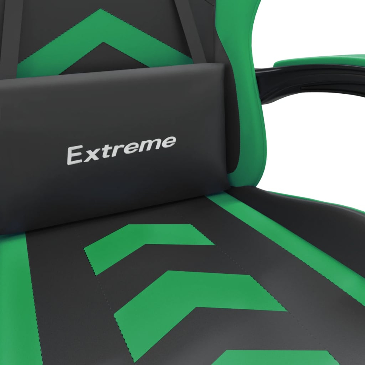 Gaming-Stuhl mit schwarz-grünem Design. Die Kopfstütze trägt das Wort 'Extreme'. Der Stuhl hat grüne Pfeilmuster.